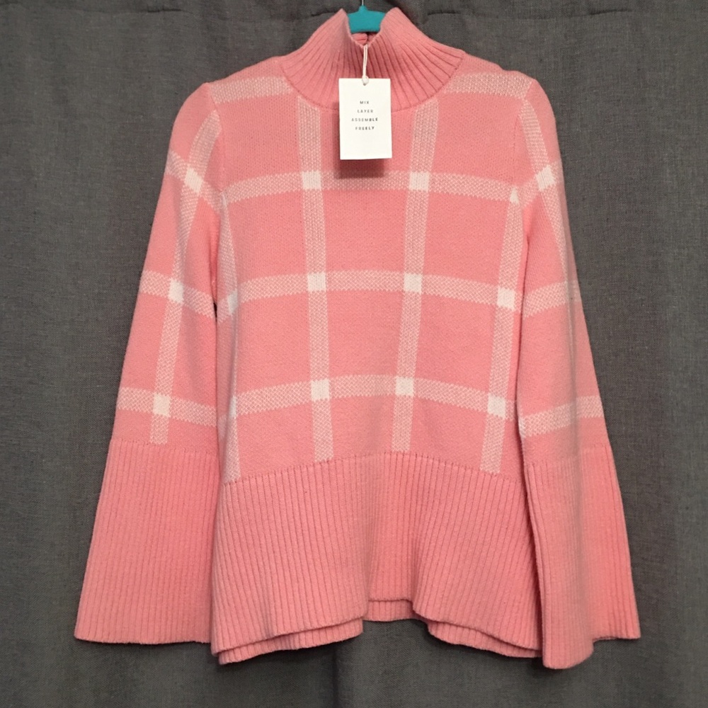 Free Assembly Rib Turtleneck Sweater Medium Pink Plaid Midweight New